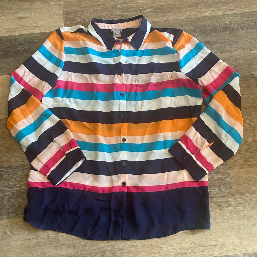 Chicos Striped Shirt Womens Sz 2 US 12/Large Sheer Button‎ Front Top Blouse